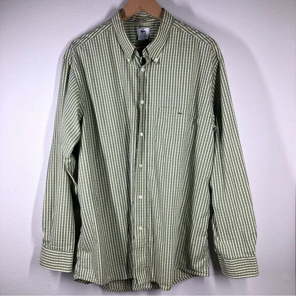 Lacoste Men’s Button Down Shirt Green Plaid Stripe 100% Cotton Regular Fit 45 - Picture 1 of 7